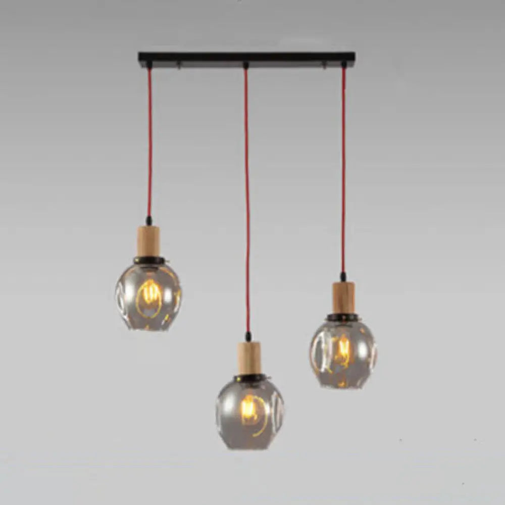 Industrial Dining Room Pendant: 3-Light Hanging Light with Blown Glass Bubble Shades in Clear/Amber/Smoke Grey