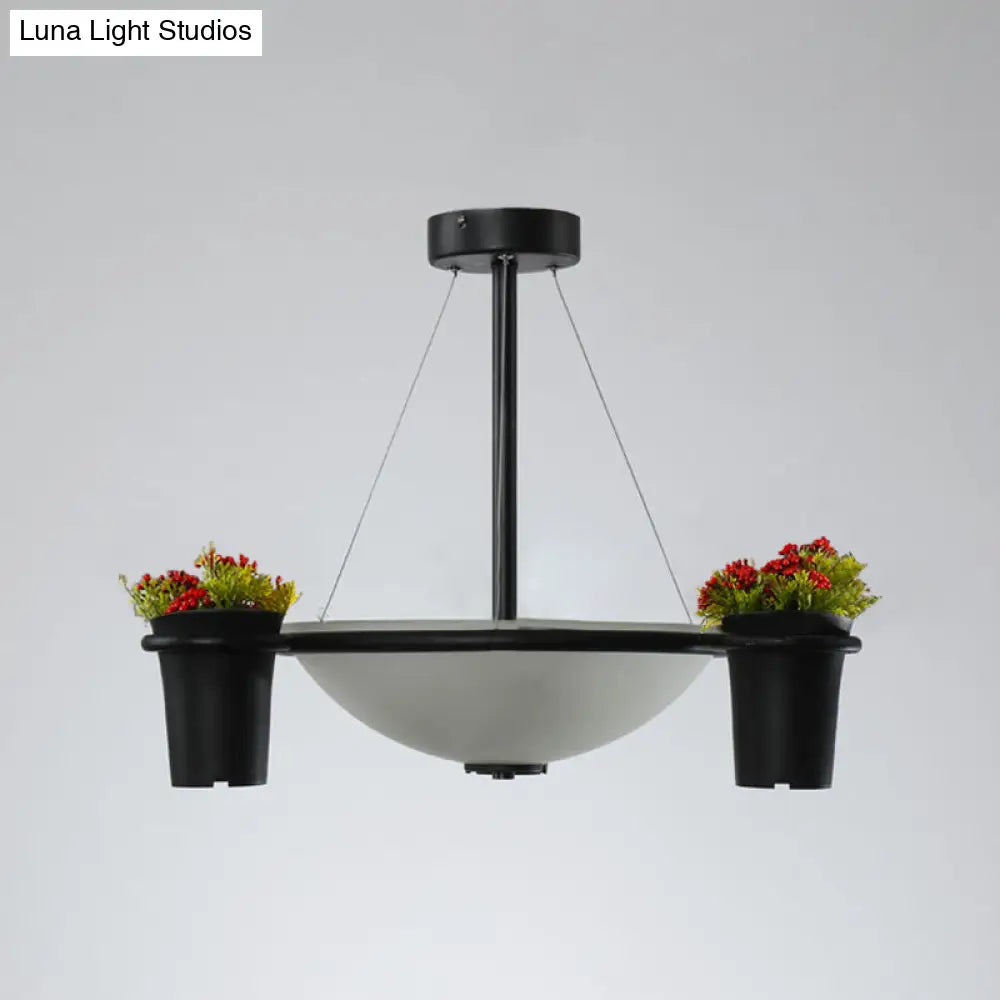 Industrial Dome Glass Pendant Chandelier with 3 Lights - White, Black, and Potted Plant Accent for Living Room Ceiling