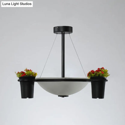 Industrial Dome Glass Pendant Chandelier with 3 Lights - White, Black, and Potted Plant Accent for Living Room Ceiling