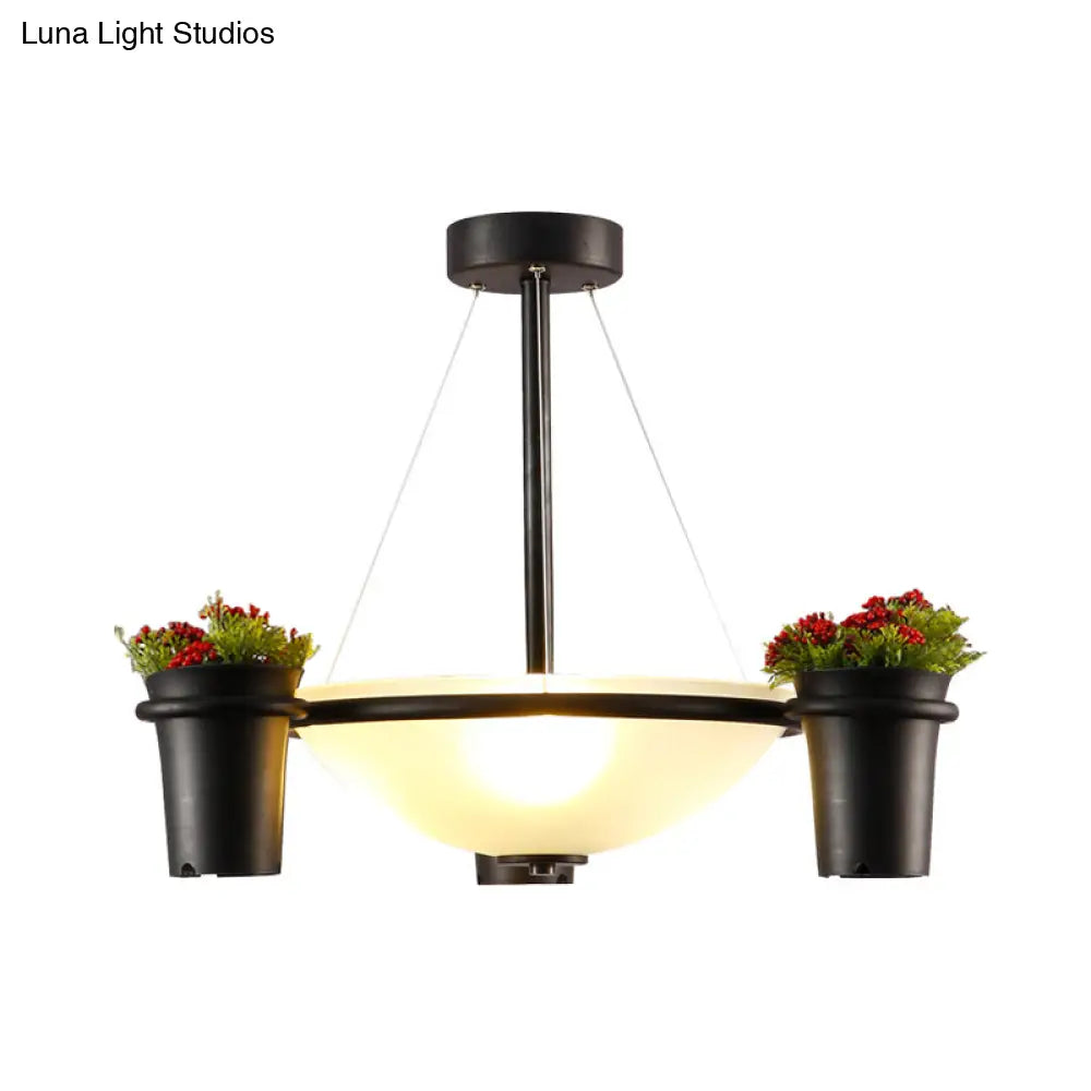 Industrial Dome Glass Pendant Chandelier with 3 Lights - White, Black, and Potted Plant Accent for Living Room Ceiling