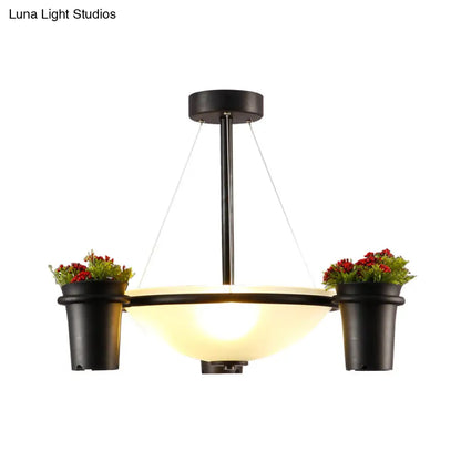 Industrial Dome Glass Pendant Chandelier with 3 Lights - White, Black, and Potted Plant Accent for Living Room Ceiling