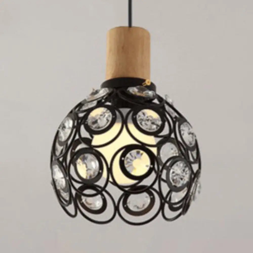 Industrial Dome Hanging Ceiling Light with Crystal Bead Deco - 1 Head Pendant Light in Black/White for Restaurants