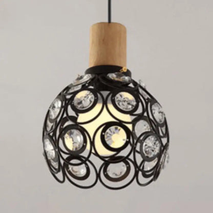 Industrial Dome Hanging Ceiling Light with Crystal Bead Deco - 1 Head Pendant Light in Black/White for Restaurants