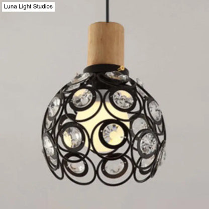 Industrial Dome Hanging Ceiling Light with Crystal Bead Deco - 1 Head Pendant Light in Black/White for Restaurants