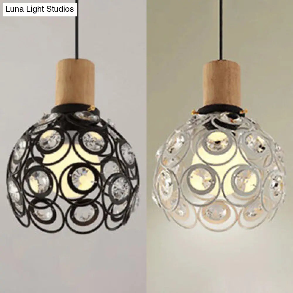 Industrial Dome Hanging Ceiling Light with Crystal Bead Deco - 1 Head Pendant Light in Black/White for Restaurants