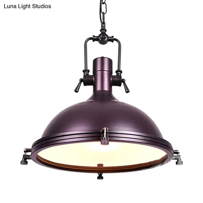 Industrial Dome Hanging Lamp with Frosted Diffuser, 1 Light Metal Ceiling Light in Black/White/Purple for Dining Room