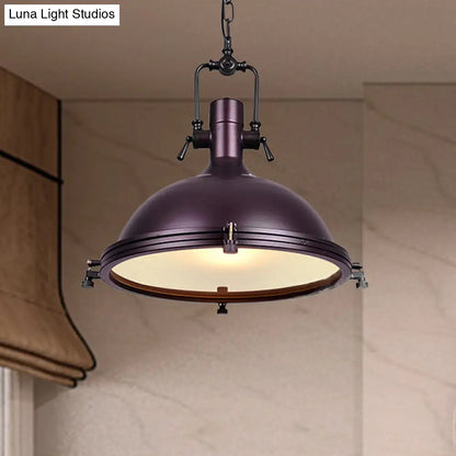 Industrial Dome Hanging Lamp with Frosted Diffuser, 1 Light Metal Ceiling Light in Black/White/Purple for Dining Room