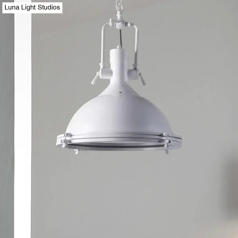 Industrial Dome Hanging Lamp with Frosted Diffuser, 1 Light Metal Ceiling Light in Black/White/Purple for Dining Room