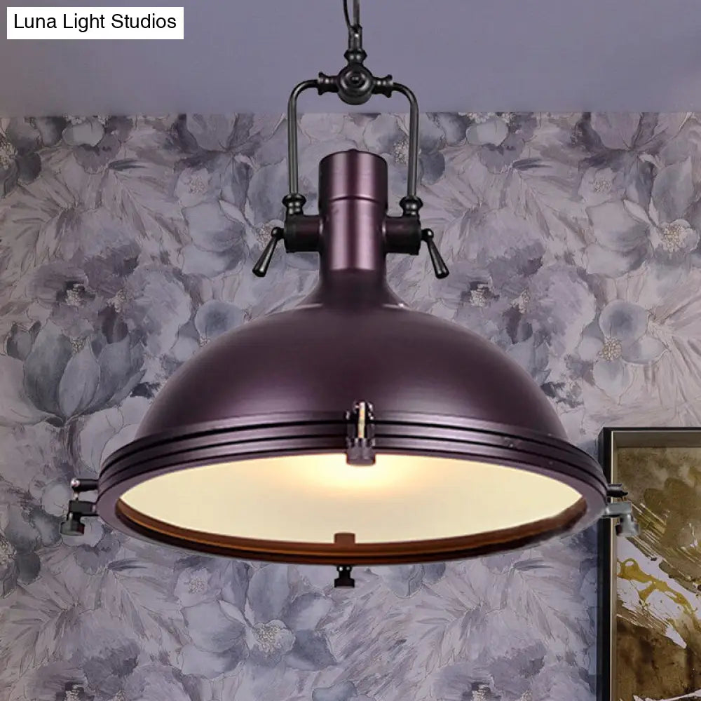 Industrial Dome Hanging Lamp with Frosted Diffuser, 1 Light Metal Ceiling Light in Black/White/Purple for Dining Room