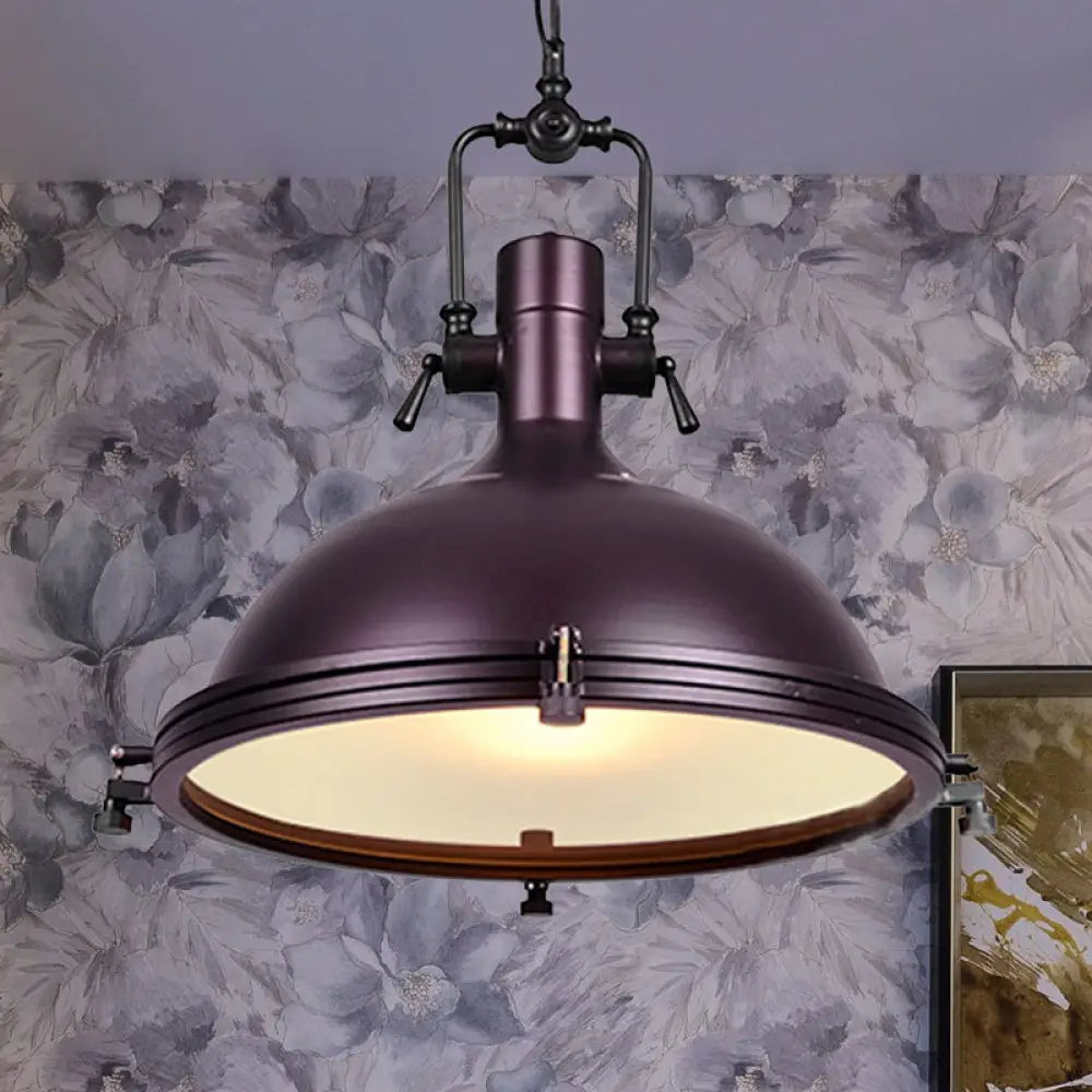 Industrial Dome Hanging Lamp with Frosted Diffuser, 1 Light Metal Ceiling Light in Black/White/Purple for Dining Room