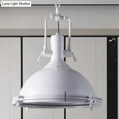 Industrial Dome Hanging Lamp with Frosted Diffuser, 1 Light Metal Ceiling Light in Black/White/Purple for Dining Room