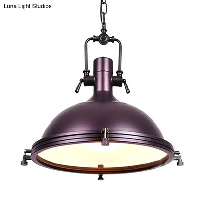 Industrial Dome Hanging Lamp with Frosted Diffuser, 1 Light Metal Ceiling Light in Black/White/Purple for Dining Room