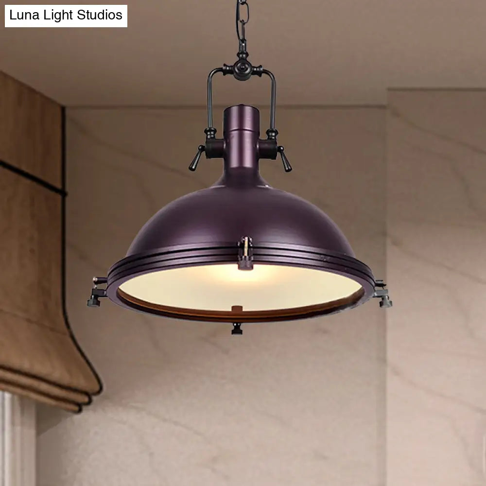 Industrial Dome Hanging Lamp with Frosted Diffuser, 1 Light Metal Ceiling Light in Black/White/Purple for Dining Room