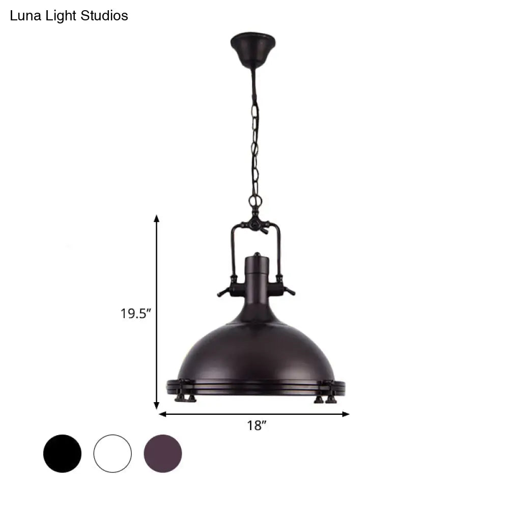 Industrial Dome Hanging Lamp with Frosted Diffuser, 1 Light Metal Ceiling Light in Black/White/Purple for Dining Room