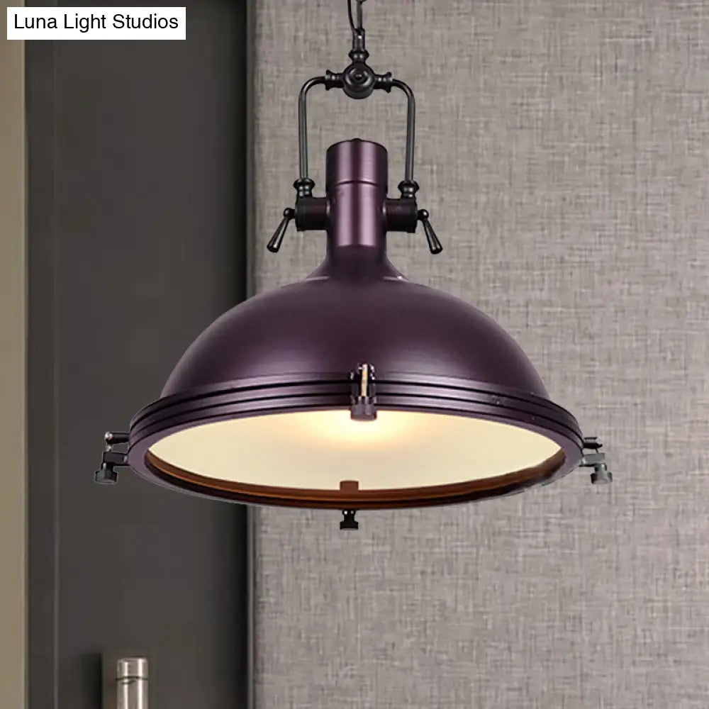 Industrial Dome Hanging Lamp with Frosted Diffuser, 1 Light Metal Ceiling Light in Black/White/Purple for Dining Room