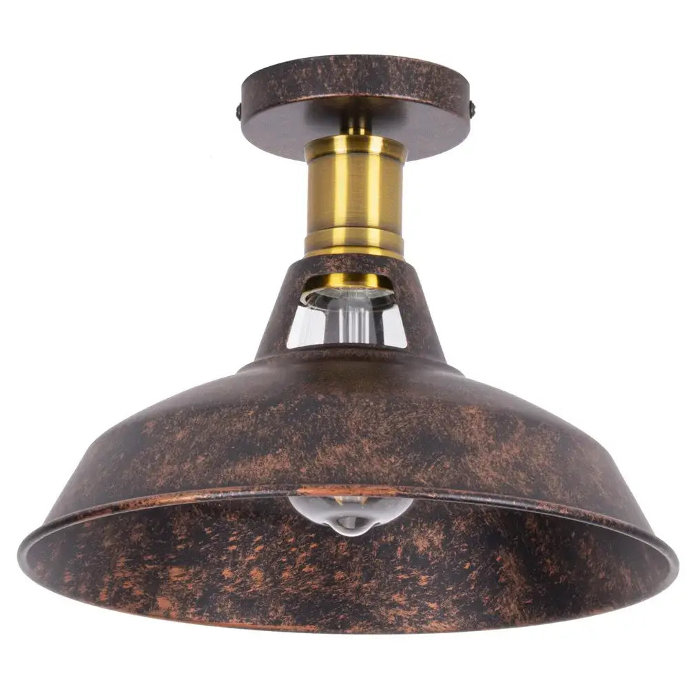 Industrial dome metal ceiling light shade with distressed bronze finish and brass accents for kitchen bar lighting