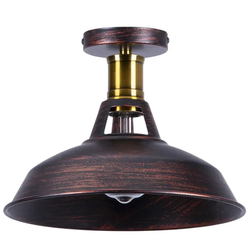 Industrial dome metal ceiling light shade with dark bronze wood-grain texture and brass accents for kitchen bar lighting