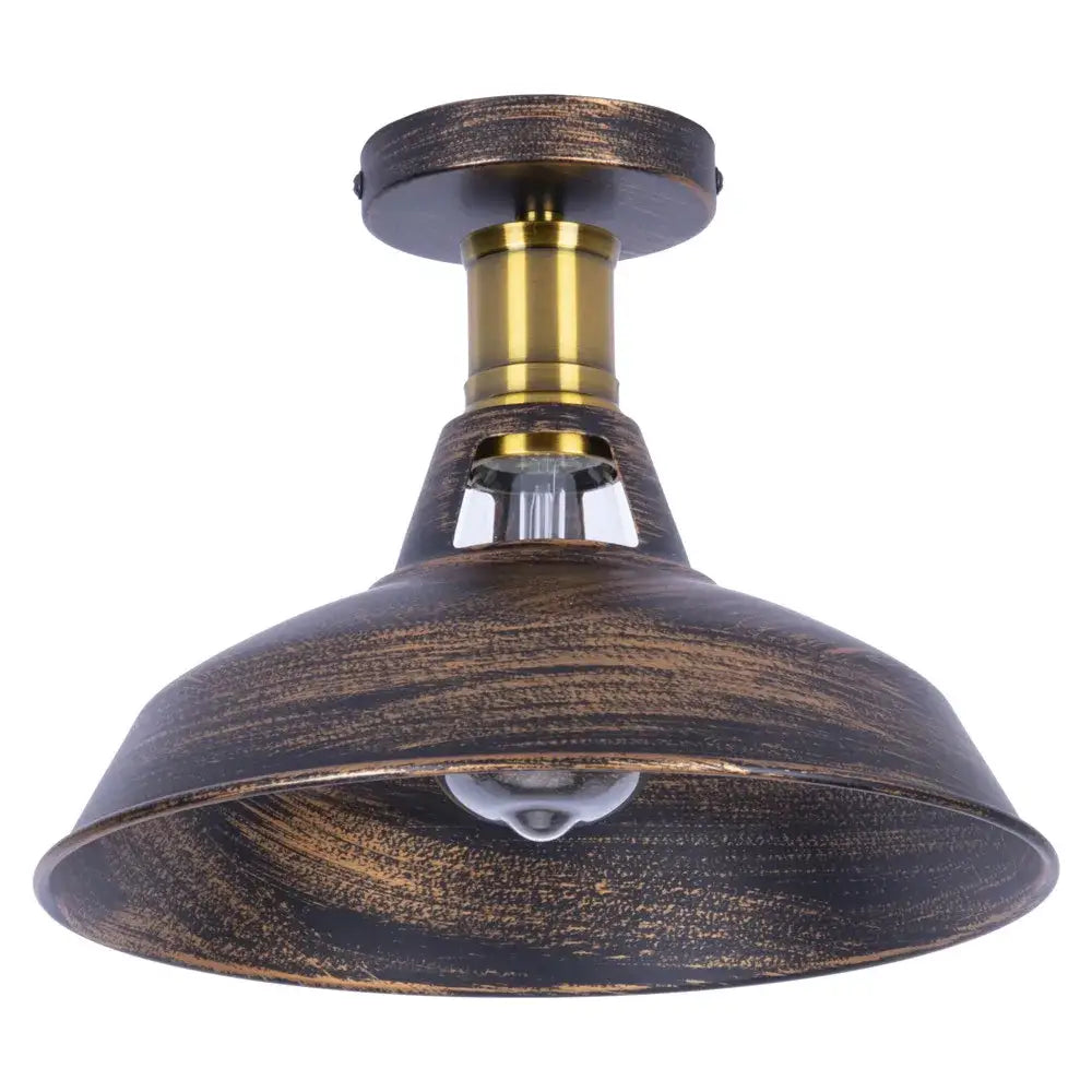 Industrial dome metal ceiling light shade with distressed bronze finish and brass accents for kitchen bar lighting