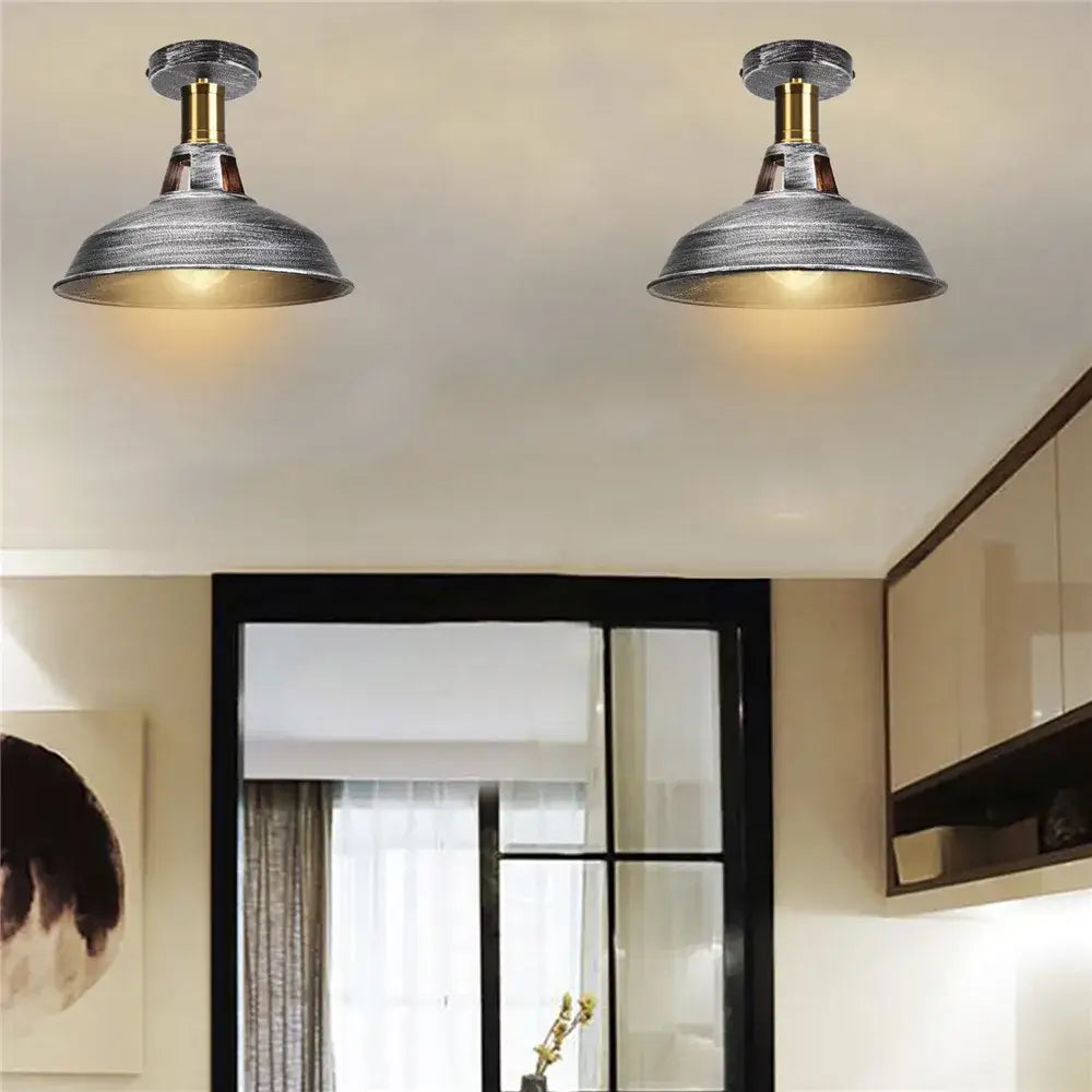Industrial dome metal ceiling light shade with weathered silver metal and brass accents for kitchen bar lighting