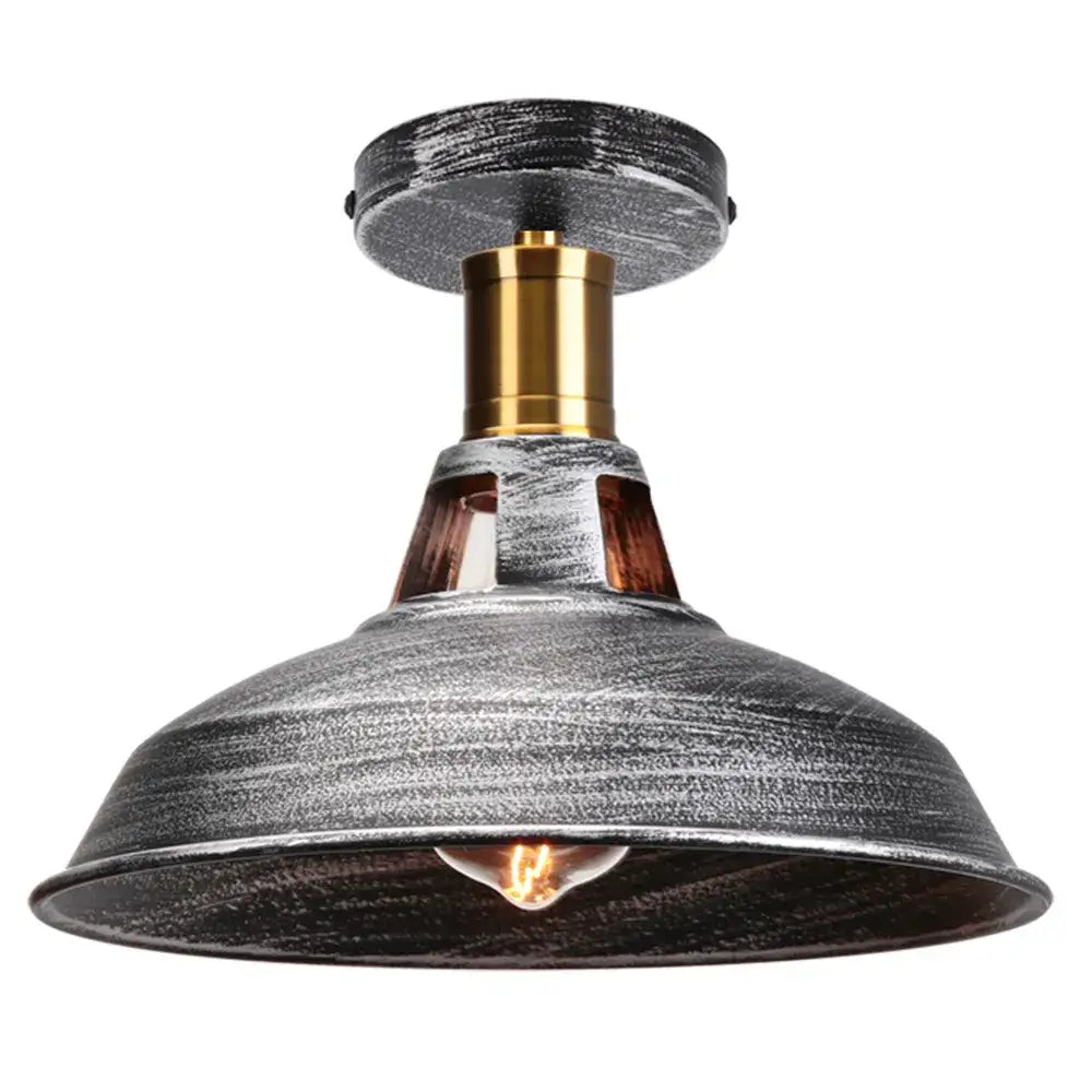 Industrial dome metal ceiling light shade with distressed metallic finish and brass accents for kitchen bar lighting