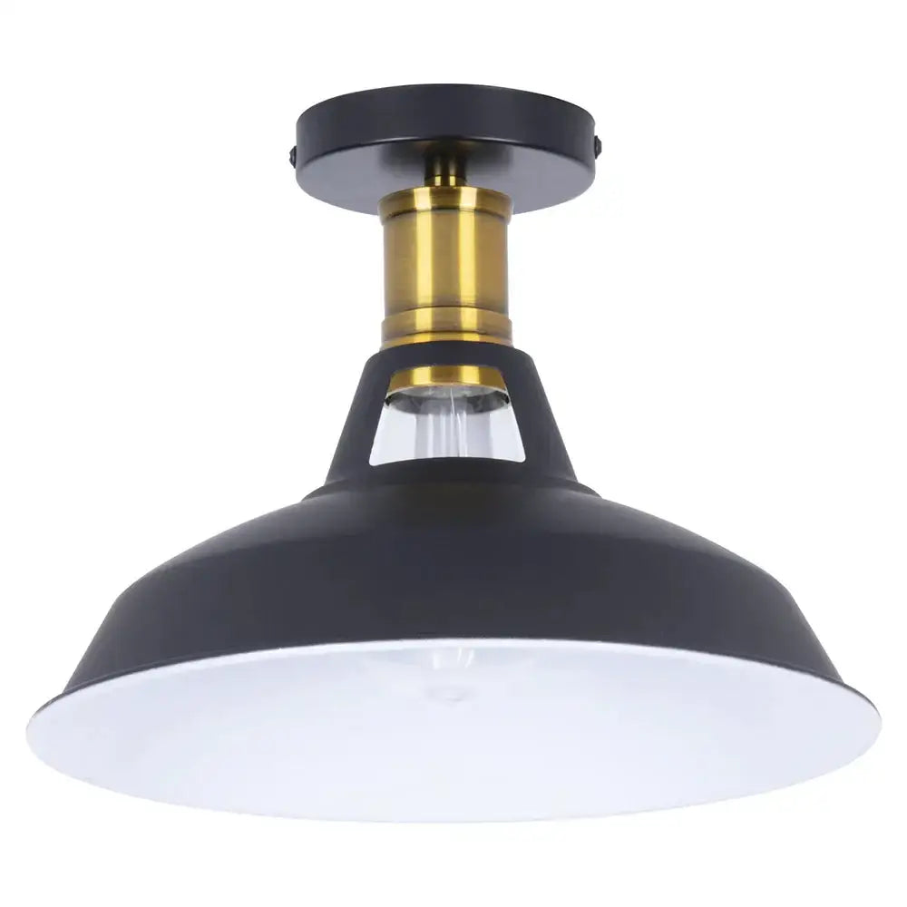 Black industrial dome metal ceiling light shade with brass accent and white interior for kitchen bar lighting