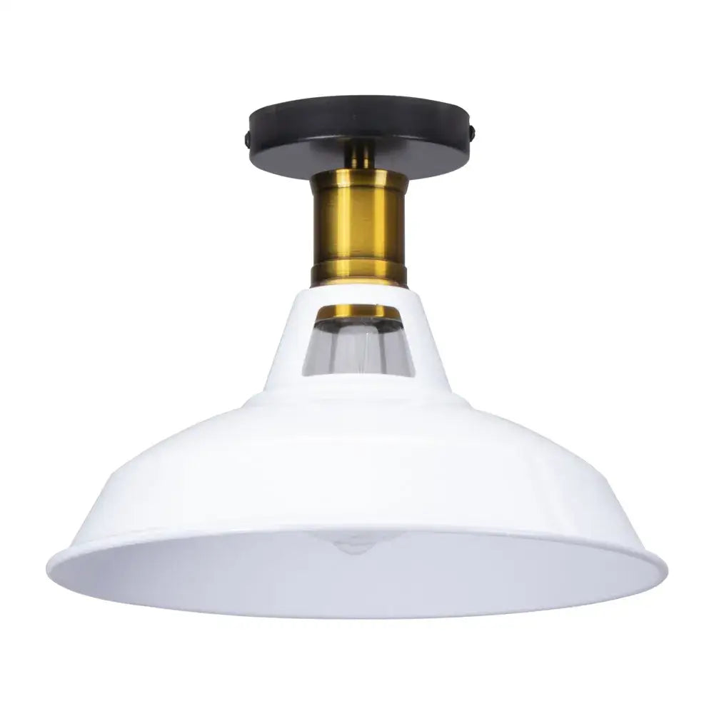 White enamel industrial dome ceiling light shade with brass stem and black mounting plate for kitchen bar lighting