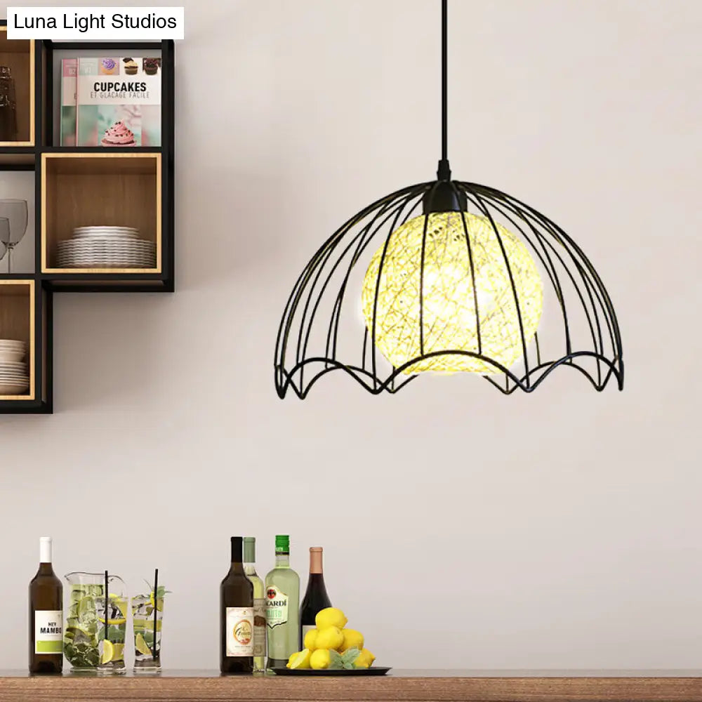 Industrial Dome Metal Hanging Lamp with Rattan Shade - 1 Light Black Ceiling Fixture for Dining Room