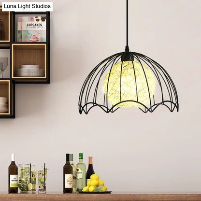 Industrial Dome Metal Hanging Lamp with Rattan Shade - 1 Light Black Ceiling Fixture for Dining Room