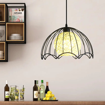 Industrial Dome Metal Hanging Lamp with Rattan Shade - 1 Light Black Ceiling Fixture for Dining Room