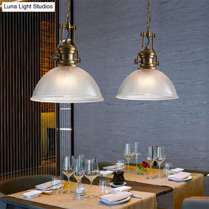 Industrial Dome Pendant Light - 12"/15" Wide - Ribbed Glass - Brass - Dining Room