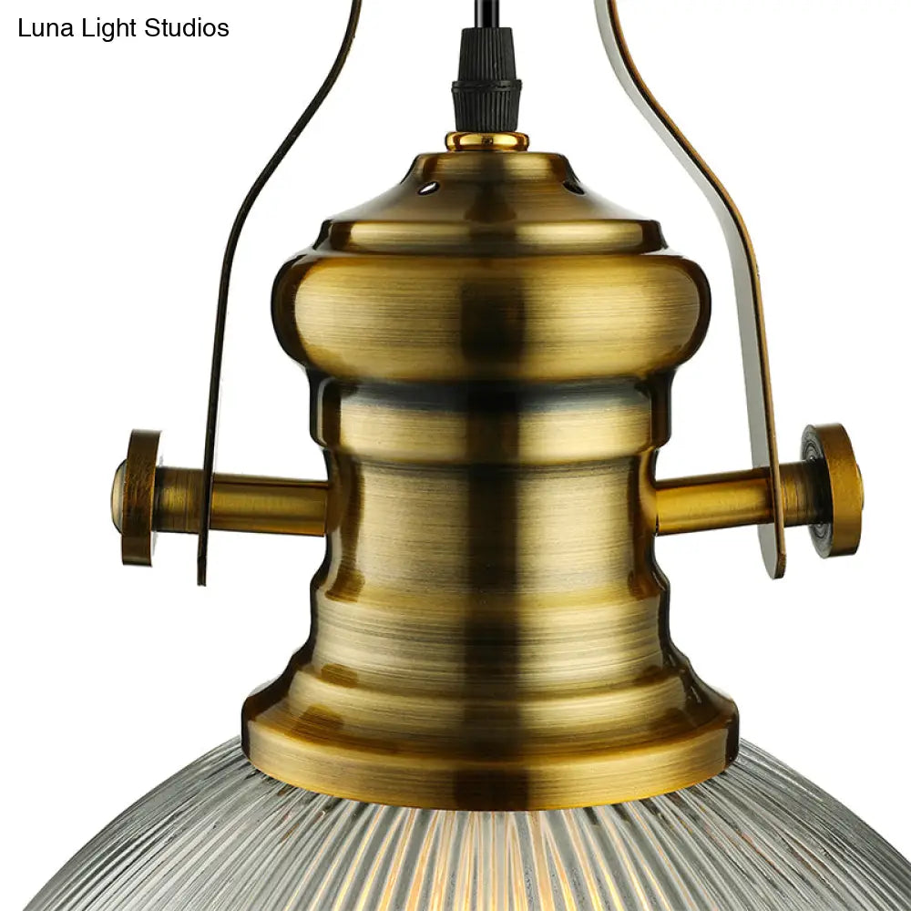 Industrial Dome Pendant Light - 12"/15" Wide - Ribbed Glass - Brass - Dining Room