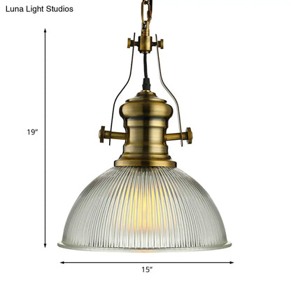 Industrial Dome Pendant Light - 12"/15" Wide - Ribbed Glass - Brass - Dining Room