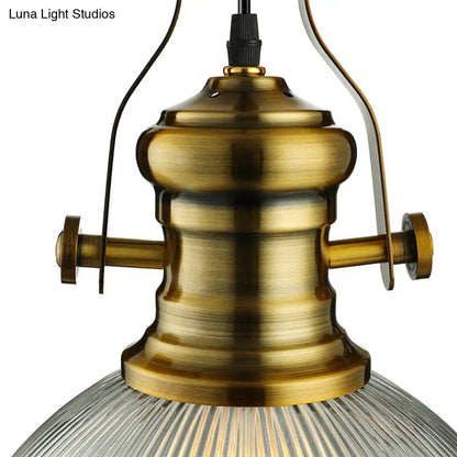 Industrial Dome Pendant Light - 12"/15" Wide - Ribbed Glass - Brass - Dining Room