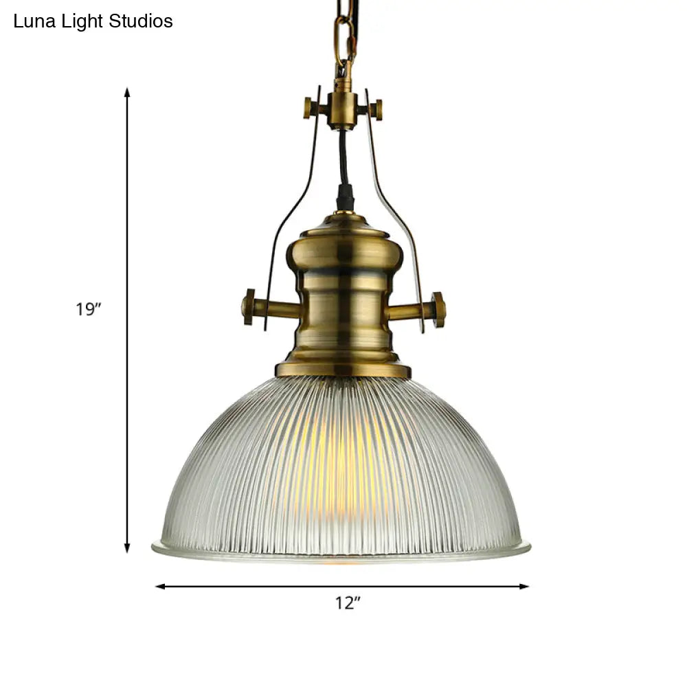 Industrial Dome Pendant Light - 12"/15" Wide - Ribbed Glass - Brass - Dining Room