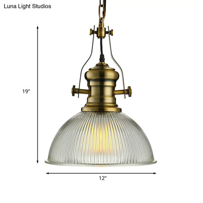 Industrial Dome Pendant Light - 12"/15" Wide - Ribbed Glass - Brass - Dining Room