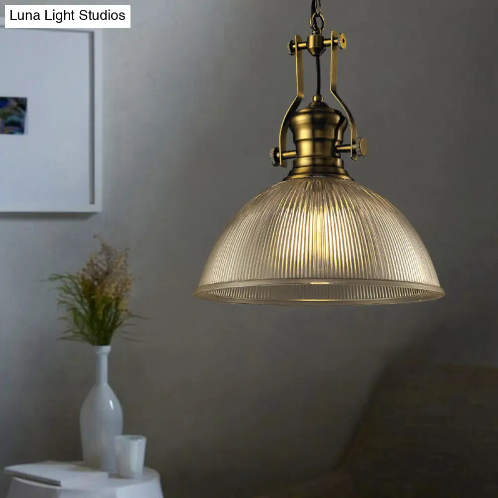 Industrial Dome Pendant Light - 12"/15" Wide - Ribbed Glass - Brass - Dining Room