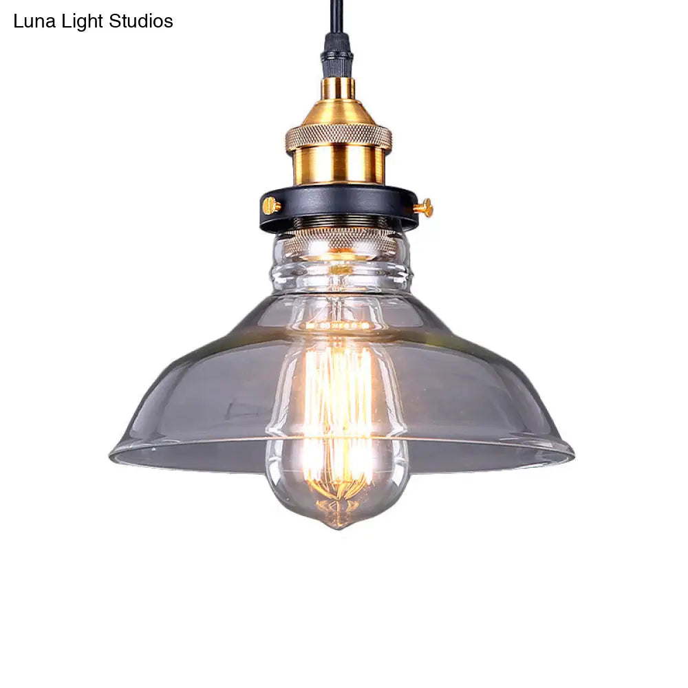 Industrial Dome Pendant Light - Single-Bulb Brass Hanging Lamp with Brown/Clear Glass - 8"/10"/11" Wide