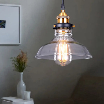 Industrial Dome Pendant Light - Single-Bulb Brass Hanging Lamp with Brown/Clear Glass - 8"/10"/11" Wide