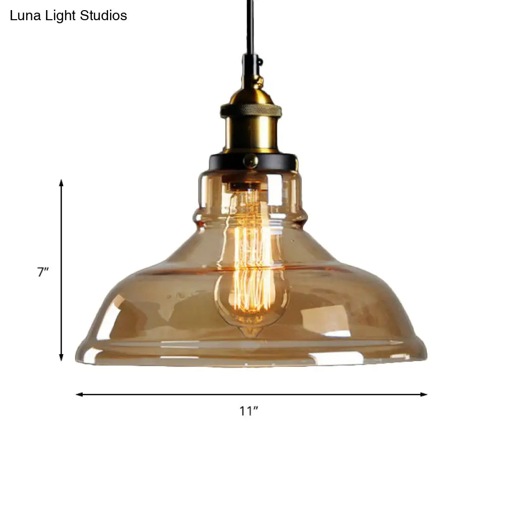 Industrial Dome Pendant Light - Single-Bulb Brass Hanging Lamp with Brown/Clear Glass - 8"/10"/11" Wide