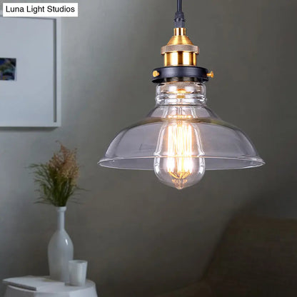 Industrial Dome Pendant Light - Single-Bulb Brass Hanging Lamp with Brown/Clear Glass - 8"/10"/11" Wide