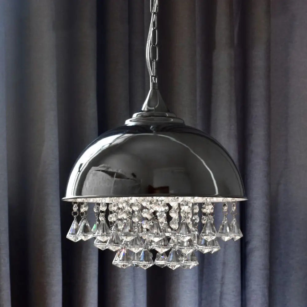 Industrial Dome Pendant Light with Crystal Bead, Black/Chrome Metal Hanging Fixture