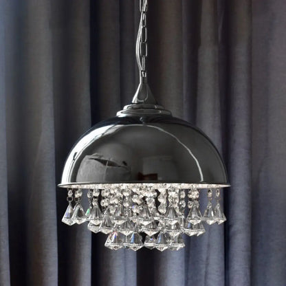 Industrial Dome Pendant Light with Crystal Bead, Black/Chrome Metal Hanging Fixture