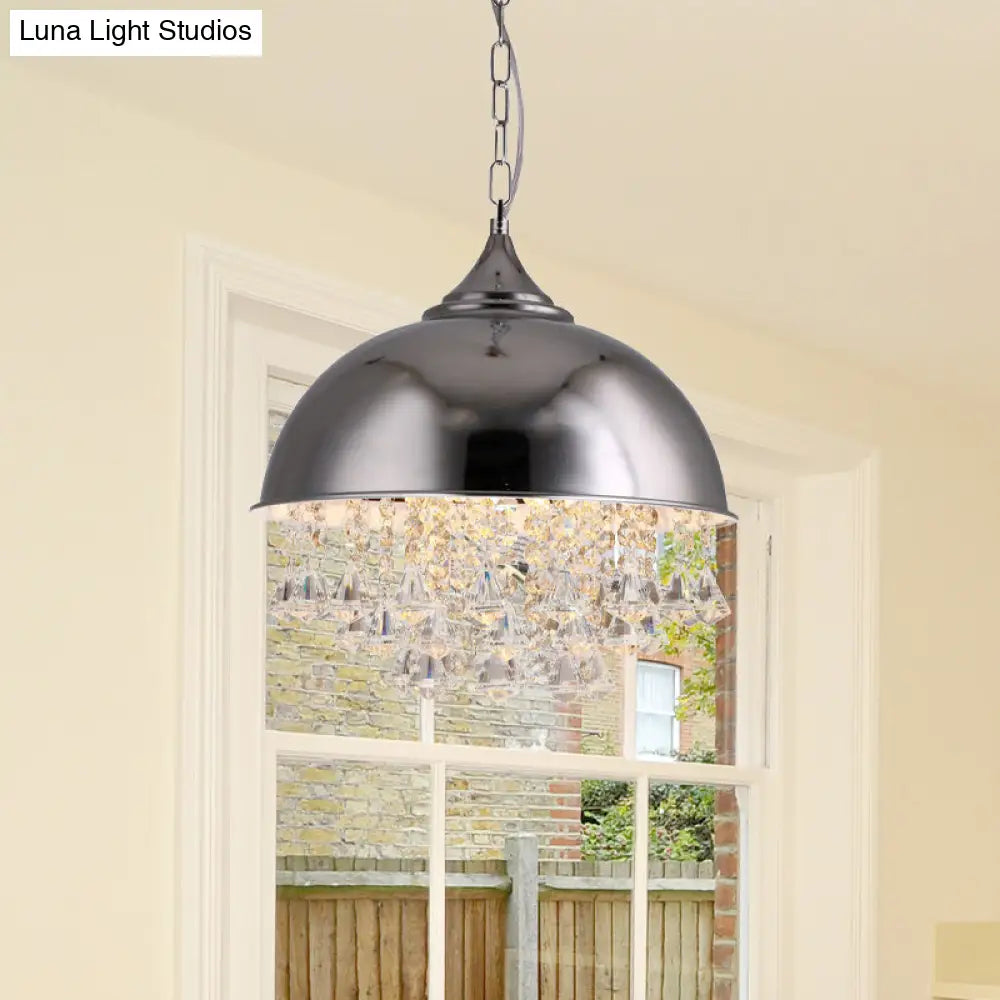 Industrial Dome Pendant Light with Crystal Bead, Black/Chrome Metal Hanging Fixture