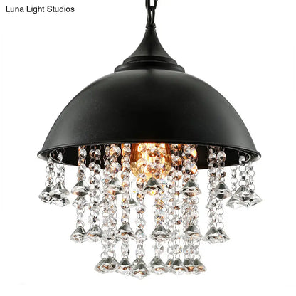 Industrial Dome Pendant Light with Crystal Bead, Black/Chrome Metal Hanging Fixture