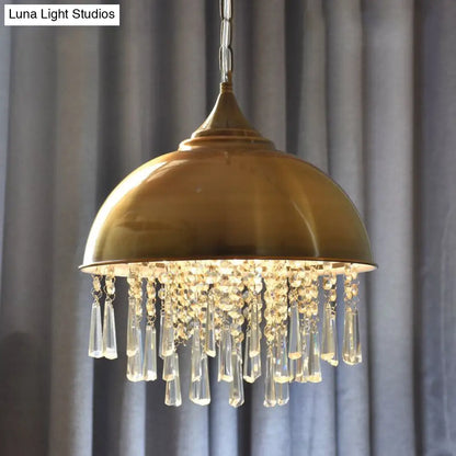 Industrial Dome Pendant Light with Crystal Bead, Black/Chrome Metal Hanging Fixture