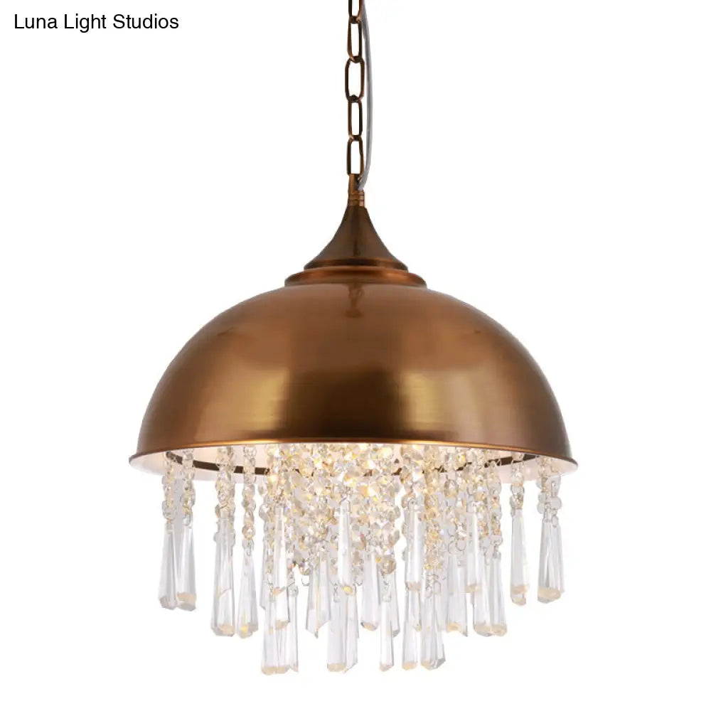 Industrial Dome Pendant Light with Crystal Bead, Black/Chrome Metal Hanging Fixture