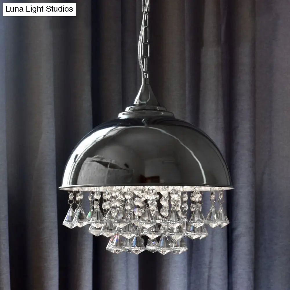 Industrial Dome Pendant Light with Crystal Bead, Black/Chrome Metal Hanging Fixture