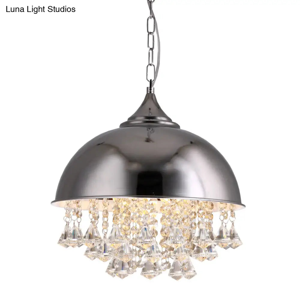 Industrial Dome Pendant Light with Crystal Bead, Black/Chrome Metal Hanging Fixture