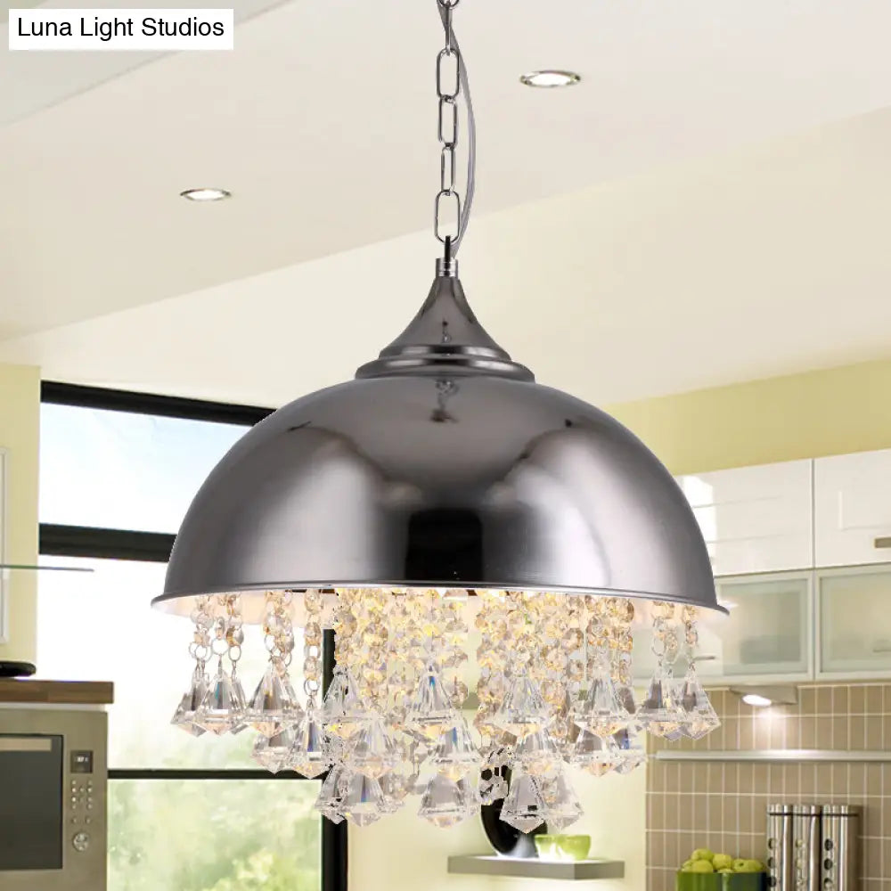 Industrial Dome Pendant Light with Crystal Bead, Black/Chrome Metal Hanging Fixture