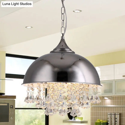 Industrial Dome Pendant Light with Crystal Bead, Black/Chrome Metal Hanging Fixture